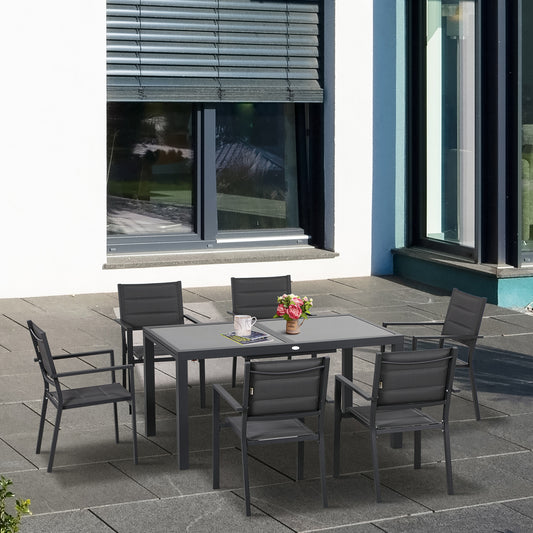 Set de Gradina din Aluminiu 7 Piese cu Masa Dreptunghiulara Extensibila si 6 Scaune de Exterior cu Sezuta din Plasa Respirabila, Gri