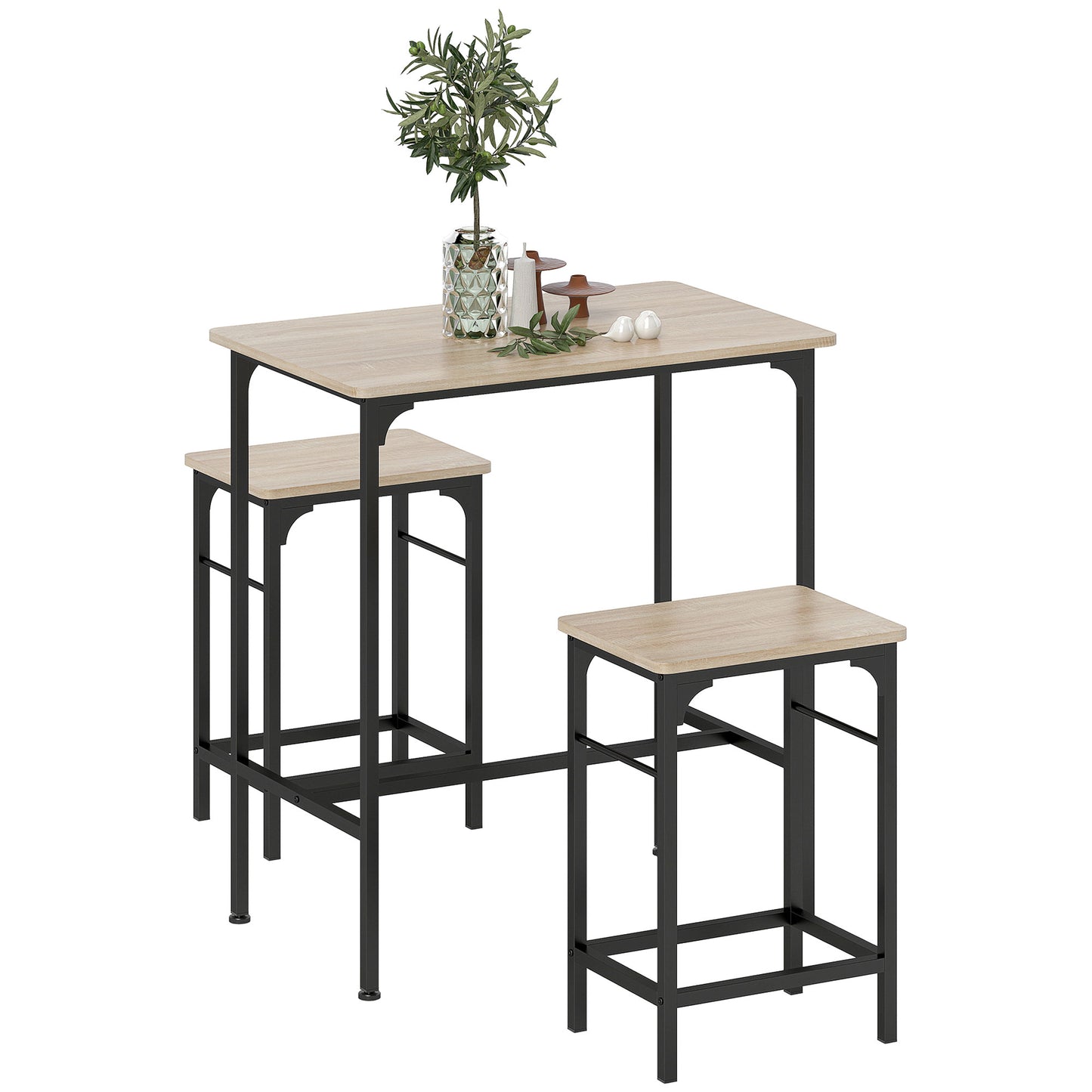 Mobilier de Bar 3 Piese cu Masă de Bucătărie și 2 Scaune de Bar din Lemn și Oțel, culoare Lemn și Negru