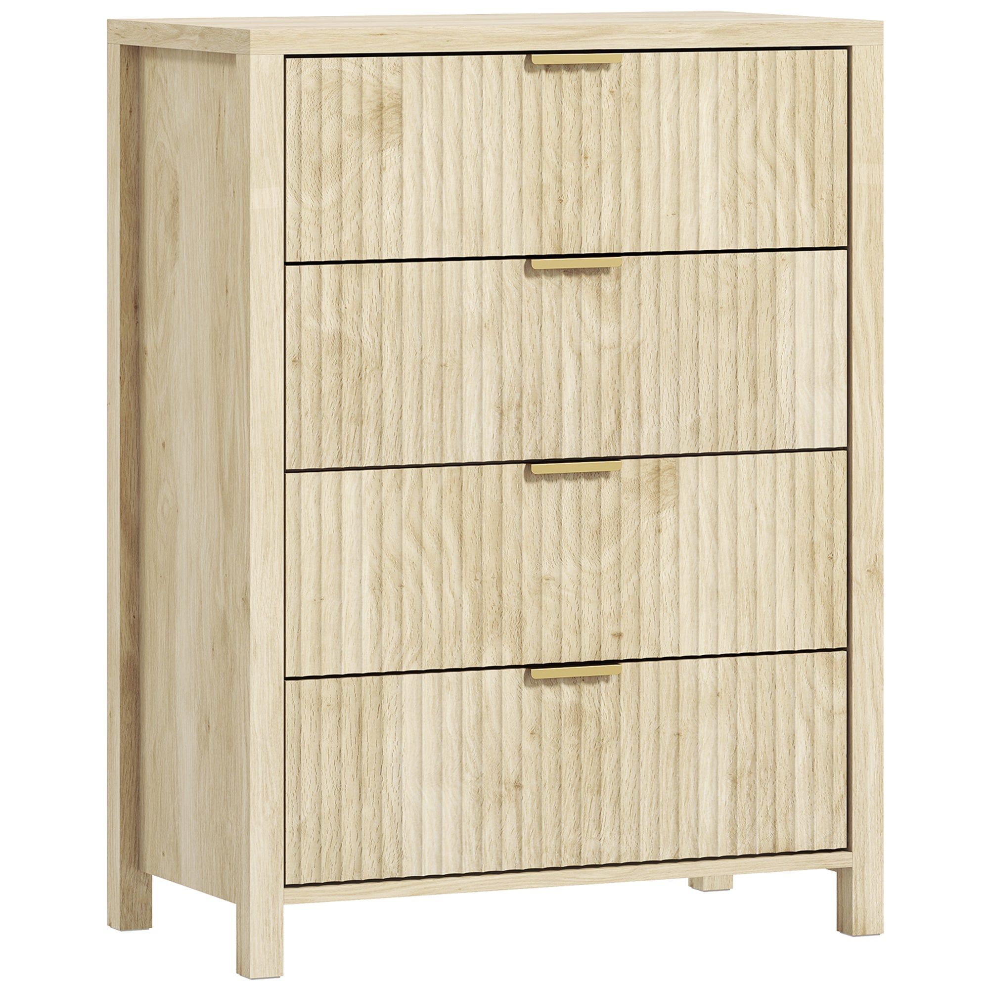 Comodă cu 4 sertare scanalate și mânere aurii, 70x38x93 cm, lemn natural