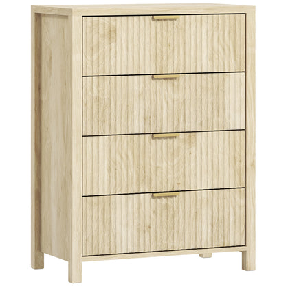 Comodă cu 4 sertare scanalate și mânere aurii, 70x38x93 cm, lemn natural