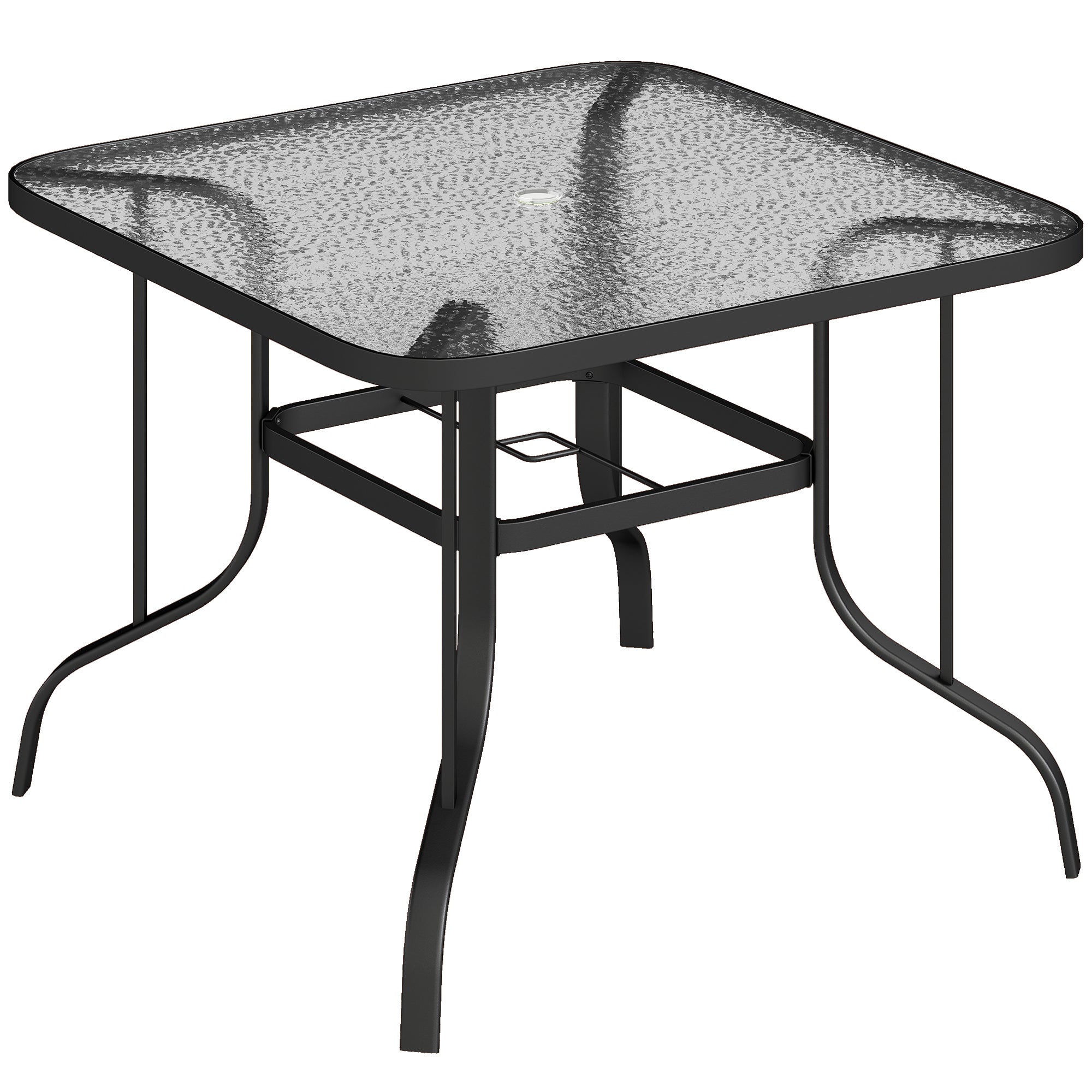 Masă de grădină pătrată pentru 4 persoane cu blat din sticlă și orificiu pentru umbrelă Ø54 mm, negru