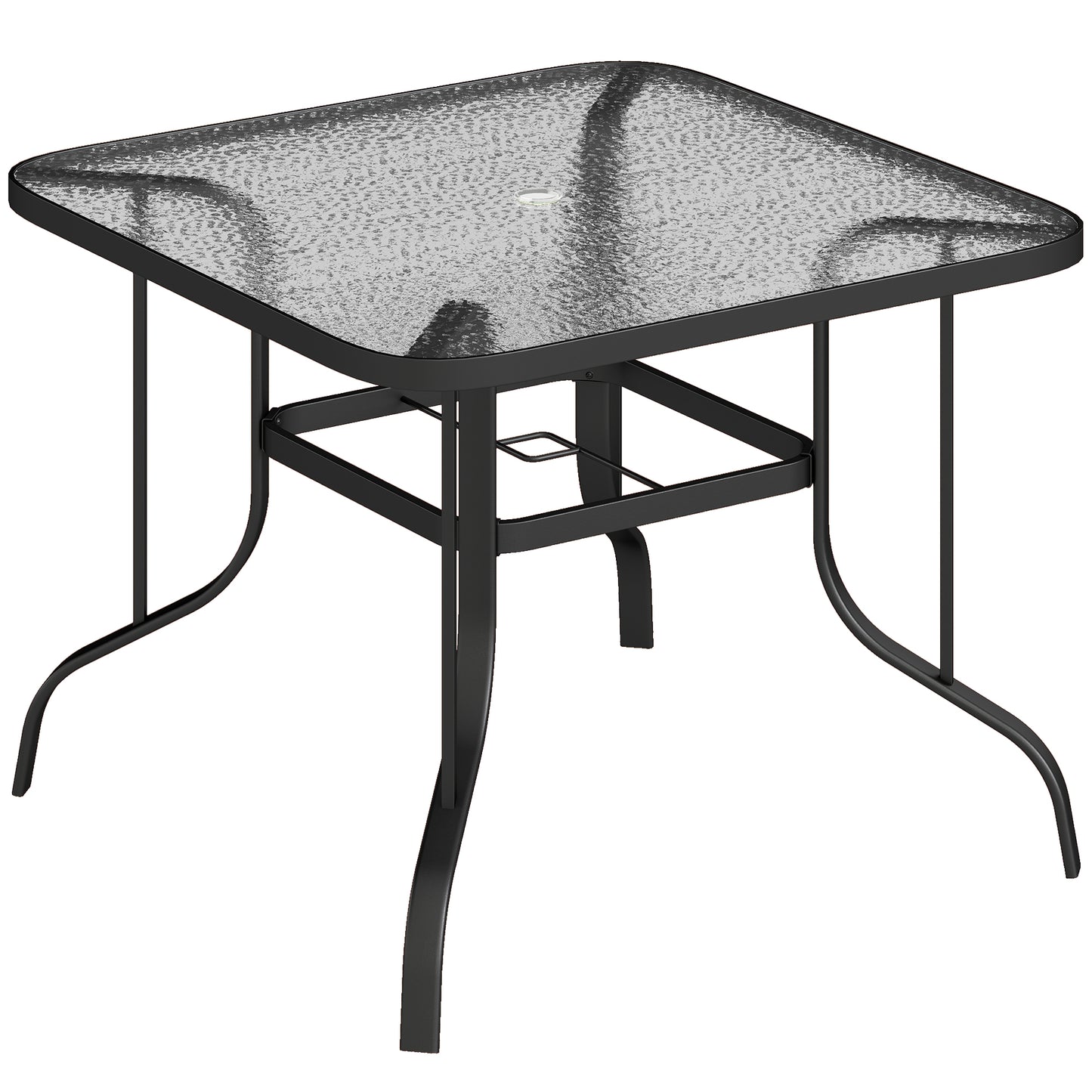 Masă de grădină pătrată pentru 4 persoane cu blat din sticlă și orificiu pentru umbrelă Ø54 mm, negru