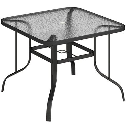 Masă de grădină pătrată pentru 4 persoane cu blat din sticlă și orificiu pentru umbrelă Ø54 mm, negru