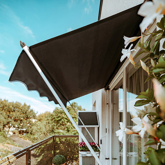 Copertină Retractabilă Manuală cu Manivelă, Cadru Telescopic Reglabil pe Înălțime, Unghi Ajustabil pentru Terasă și Balcon, Gri