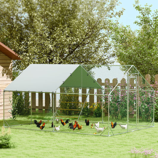 Spațiu pentru Găini de 12m² pentru 12-18 Animale, cu Acoperiș Impermeabil, Hrănitoare și Stinghie, 3x4x1.9m, Argintiu