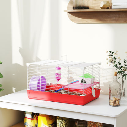 Cușcă pentru Hamsteri pe 2 Niveluri din Metal și PP cu Căsuță, Rezervor de apă și Roată, 47x30x27 cm