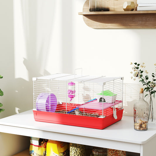 Cușcă pentru Hamsteri pe 2 Niveluri din Metal și PP cu Căsuță, Rezervor de apă și Roată, 47x30x27 cm