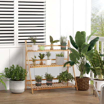 Jardiniera de exterior din bambus cu 3 niveluri cu design inaltat si pliabil, 98x37x96,5 cm, culoarea lemnului