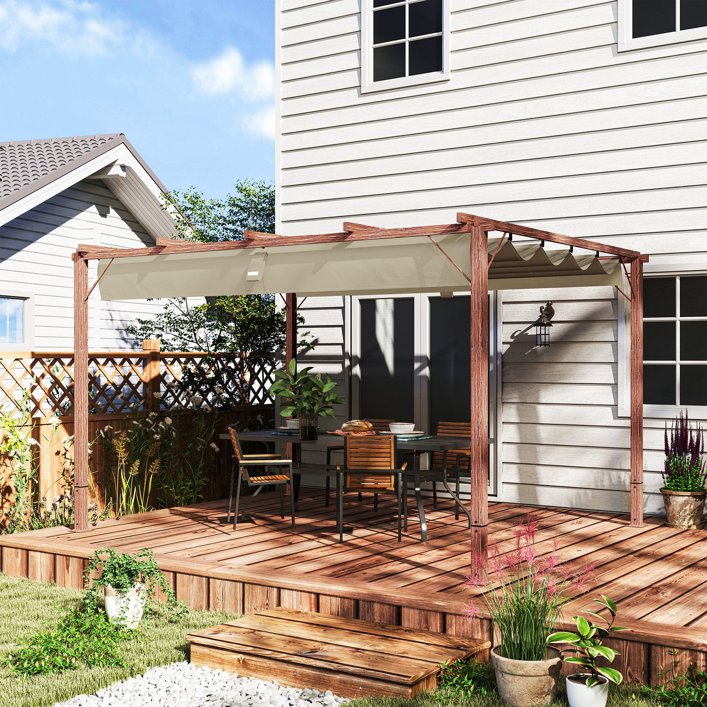 Gazebo Pergolă cu Acoperiș Retractabil, Cuie și Șuruburi, din Poliester și Aluminiu, 382x300x232 cm, Culoare Lemn