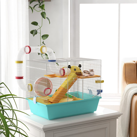 Cușcă pentru Hamsteri cu Roată, Căsuță, Bol, Rampe și Recipient Apă, Cușcă pentru Gerbili din Oțel, PS și PP, 45x28x37 cm, Alb și Albastru