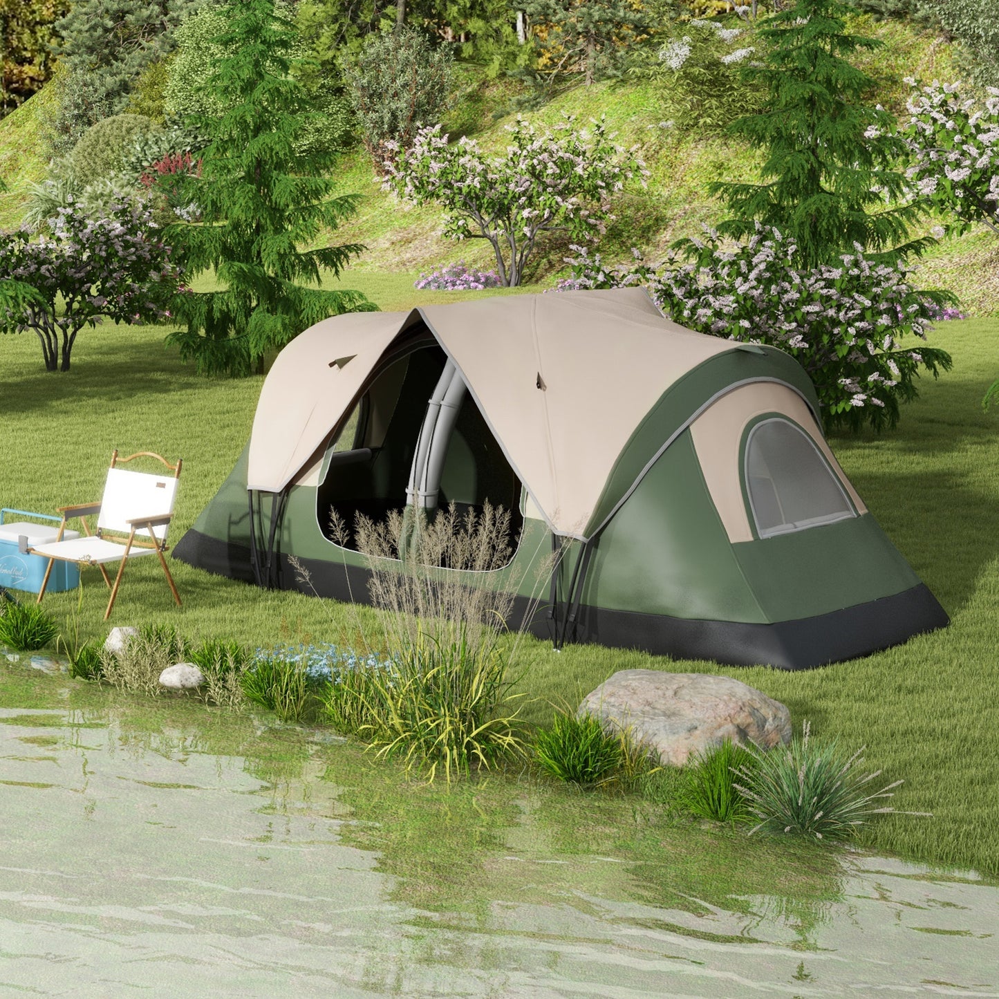 Cort de Camping pentru 6 Persoane cu 2 Camere Separate, Poliester și Fibră de Sticlă, 450x215x180 cm, Verde Închis