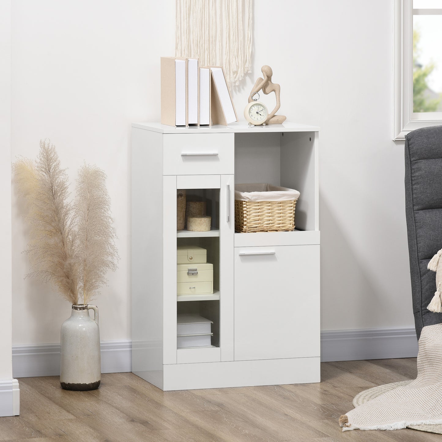 Bufet modern cu dulapuri si sertar, dulap de bucatarie cu economie de spatiu din lemn si sticla 60x40x95cm, alb