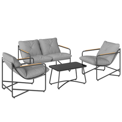 Set de Grădină  cu Canapea, 2 Fotolii și Măsuță cu Blat din Sticlă, Mobilier de Exterior cu Perne Groase, Gri Deschis