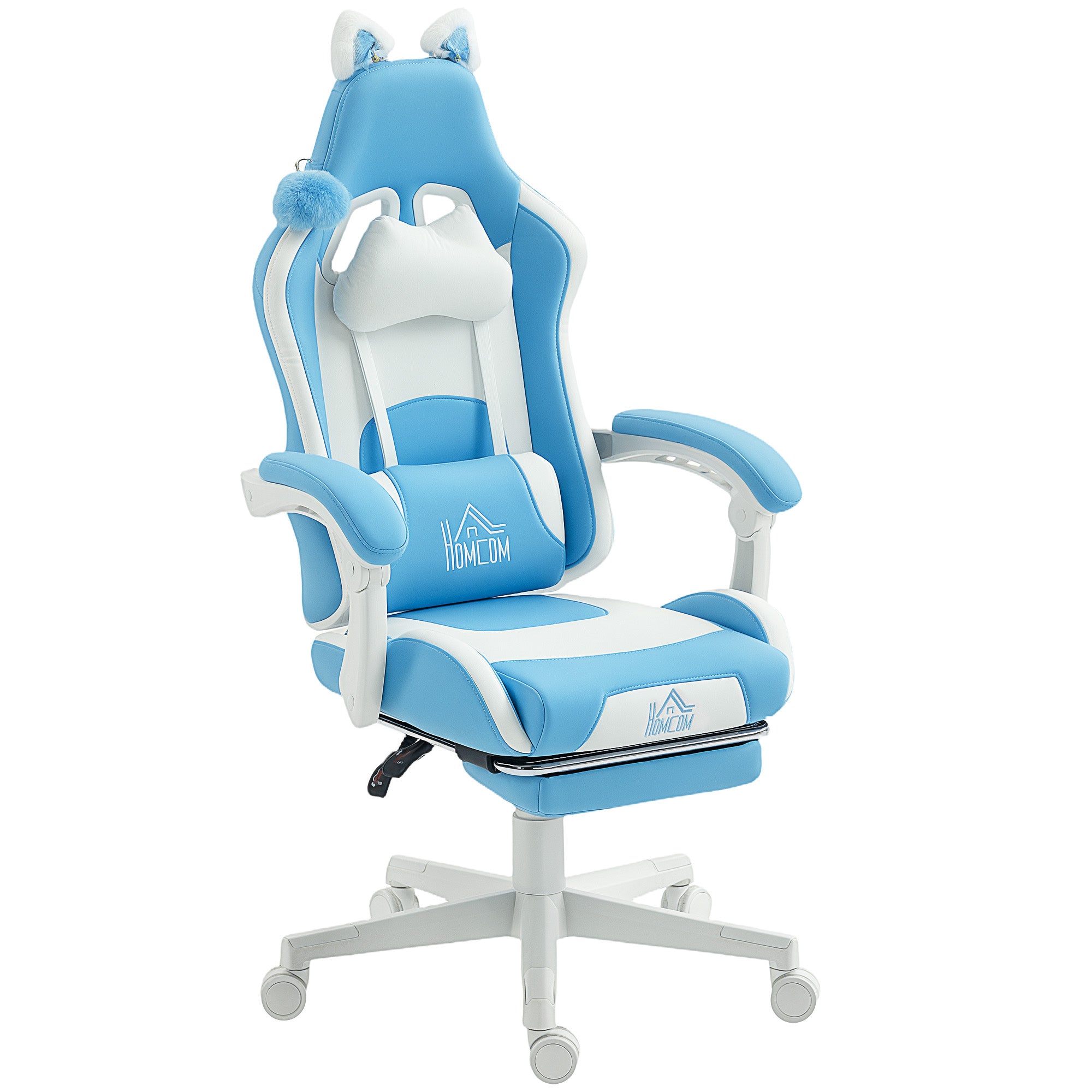 Sedia da Gaming Reclinabile con Poggiapiedi e Cuscini, in Finta Pelle e Spugna, 65x62x116-124 cm, Bianco e Rosa