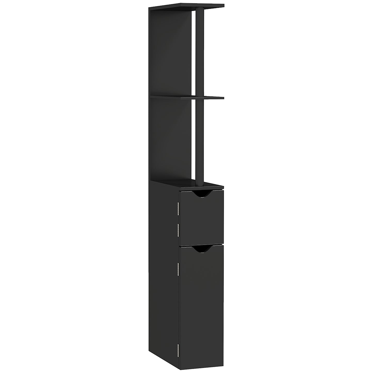 Coloană de Baie cu 2 Rafturi și 2 Dulapuri, Mobilier Înalt de Baie Spațios din MDF, 15,2x29,8x118 cm, Negru