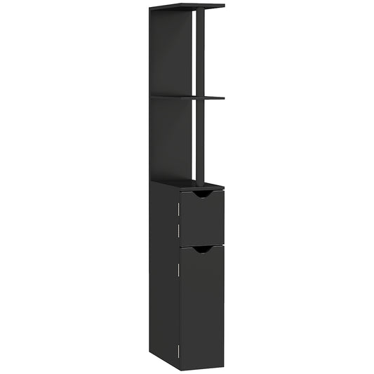 Coloană de Baie cu 2 Rafturi și 2 Dulapuri, Mobilier Înalt de Baie Spațios din MDF, 15,2x29,8x118 cm, Negru