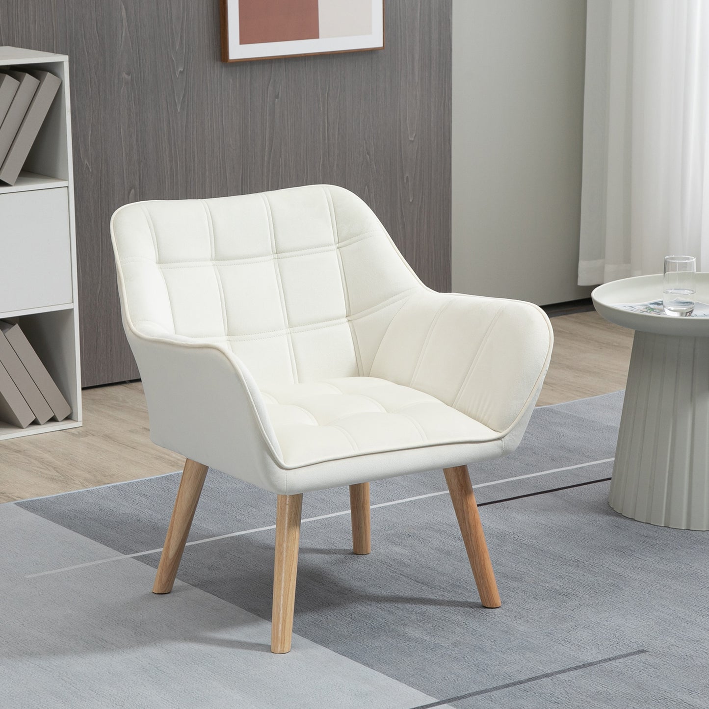 Fotoliu de design scandinav din lemn si catifea de culoare crem, pentru sufragerie sau birou, 67x61,5x71cm