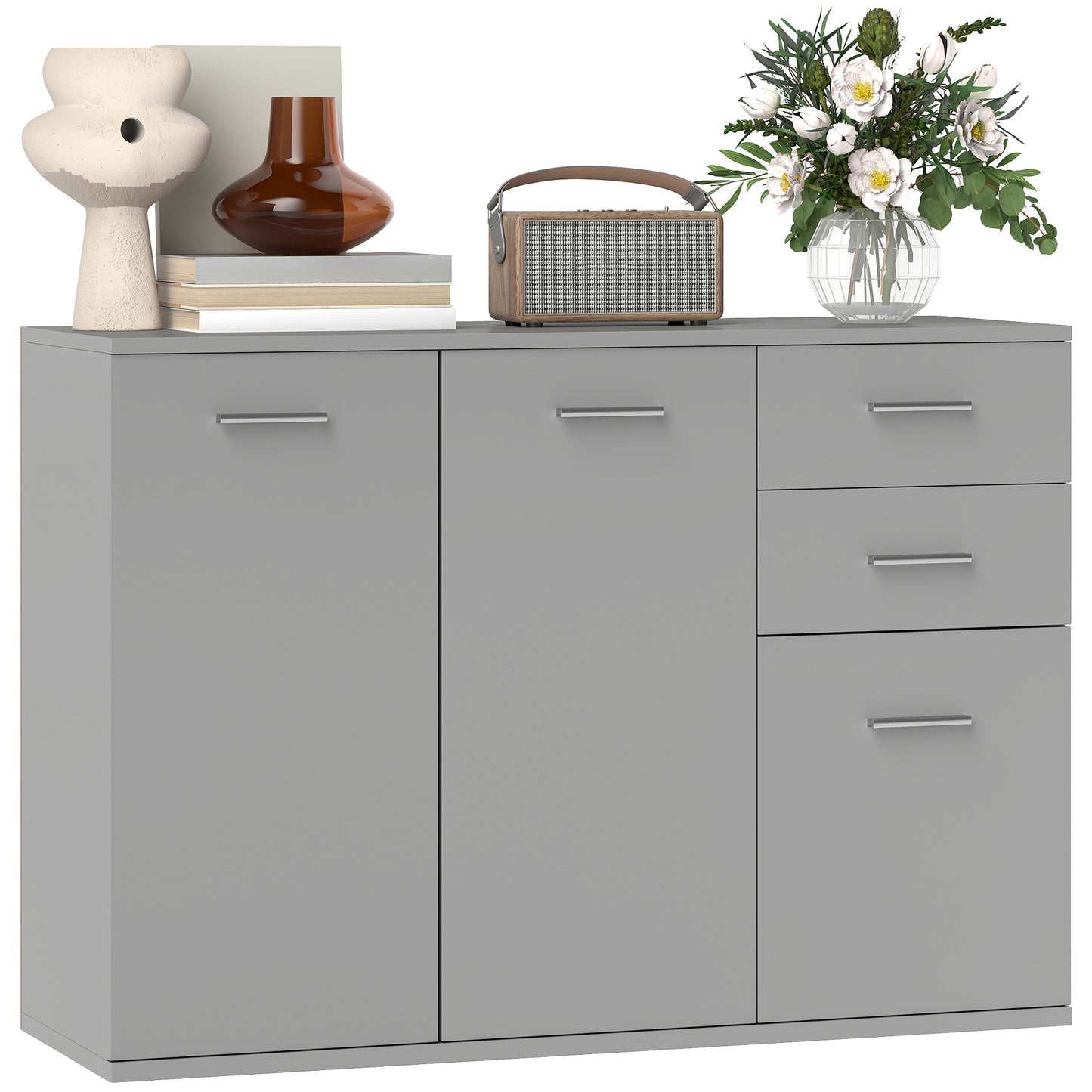 Bufet Modern cu 3 Dulapuri și 2 Sertare, din Lemn, 106x35x76 cm, Gri Deschis