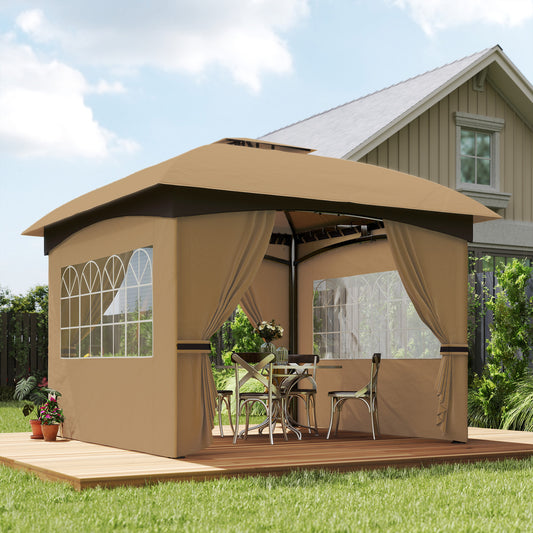 Foișor de Grădină 3.4x3.4m cu Pereți, Protecție UV și Acoperiș pe 2 Niveluri, Bej