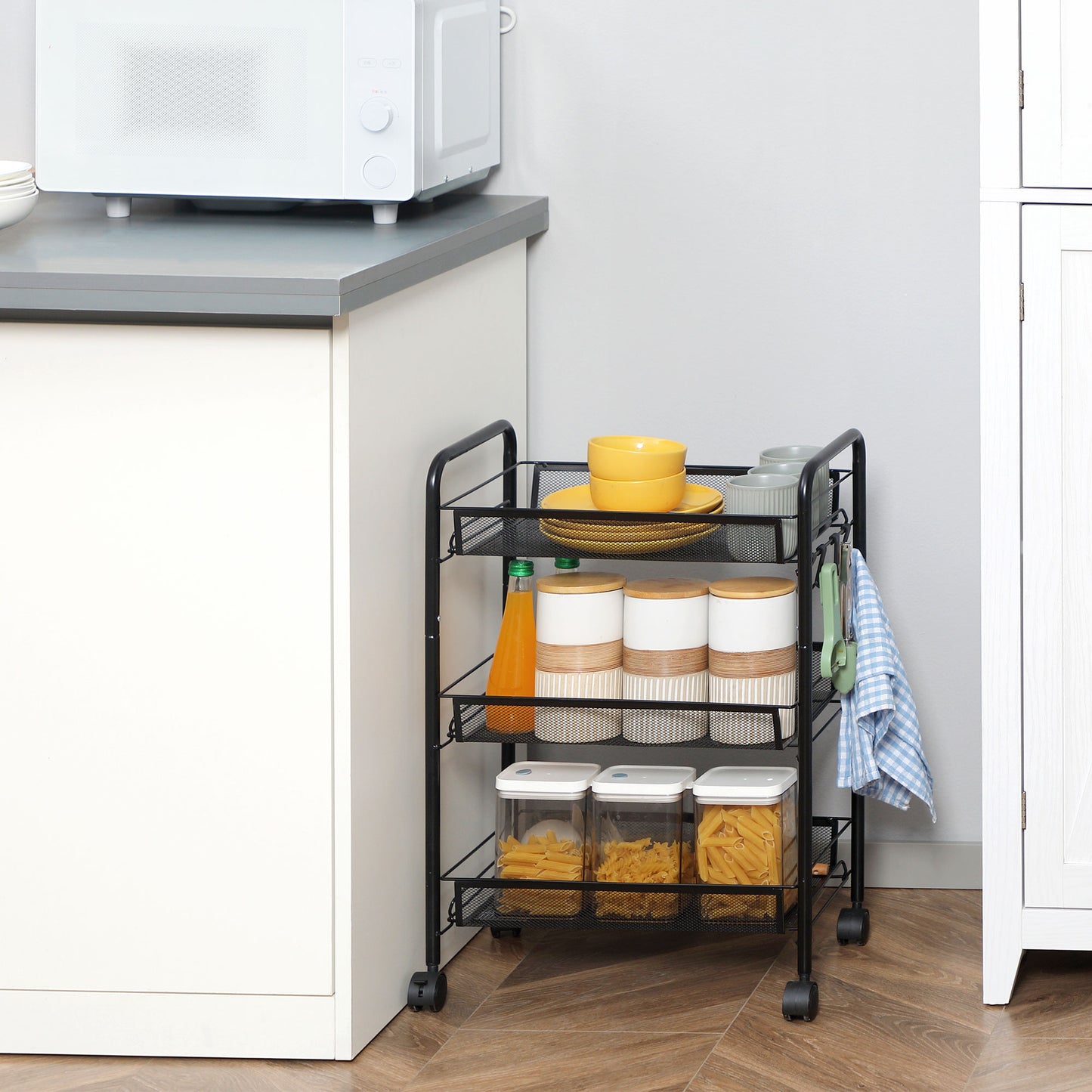 Carucior de bucatarie cu 3 niveluri cu cosuri detasabile si 4 roti, otel si plastic PP, 45Lx26,5x63cm, Negru