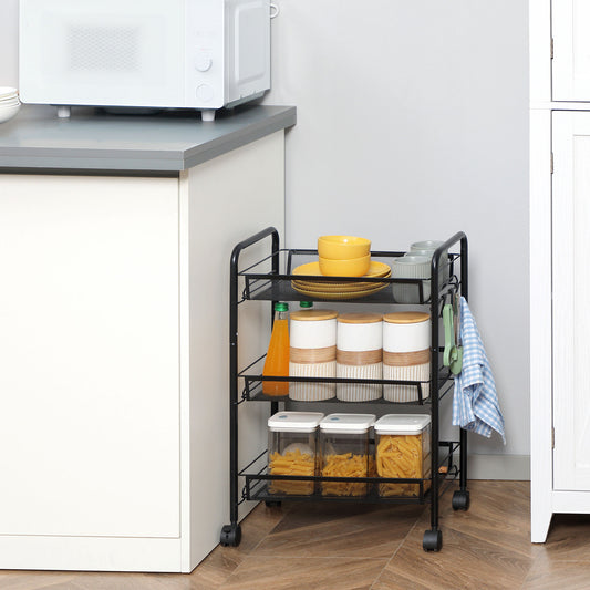 Carucior de bucatarie cu 3 niveluri cu cosuri detasabile si 4 roti, otel si plastic PP, 45Lx26,5x63cm, Negru