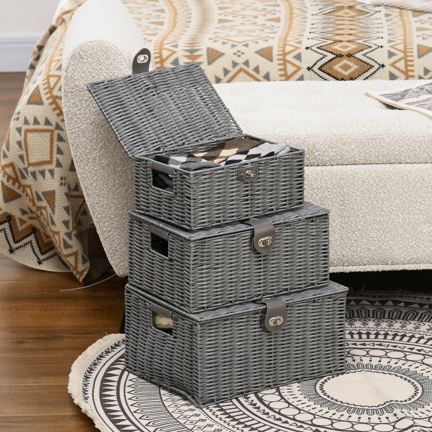 Set de 3 cosuri din rachita PP cu capac, containere dreptunghiulare de diferite dimensiuni, gri