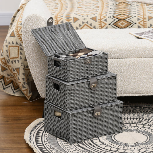 Set de 3 cosuri din rachita PP cu capac, containere dreptunghiulare de diferite dimensiuni, gri