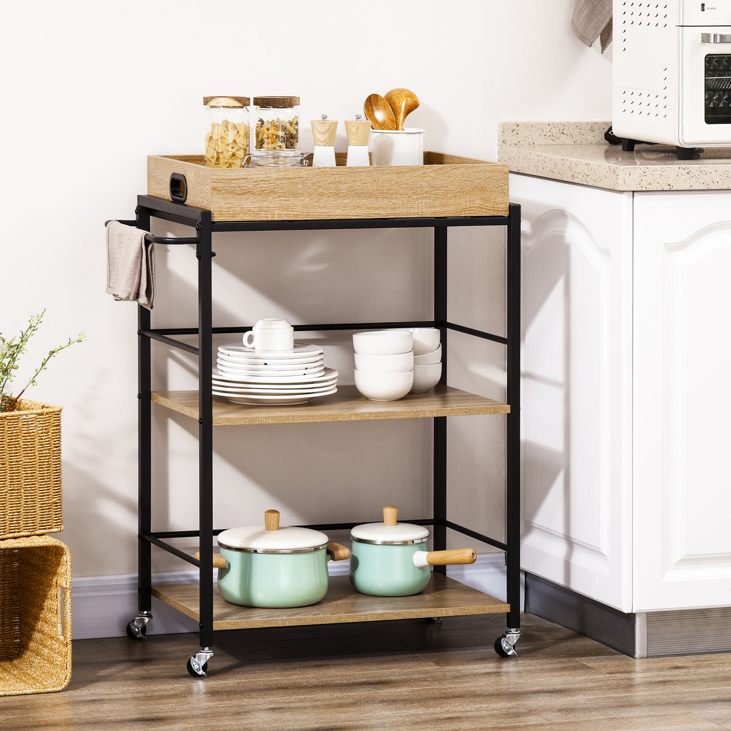 Carucior de bucatarie cu 3 rafturi si tava detasabila e roti mobile, carucior de bucatarie in stil industrial 65x40x86cm, lemn si negru