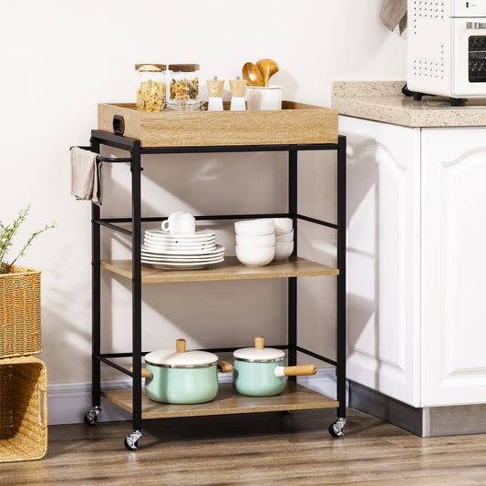Carucior de bucatarie cu 3 rafturi si tava detasabila e roti mobile, carucior de bucatarie in stil industrial 65x40x86cm, lemn si negru