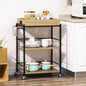 Carucior de bucatarie cu 3 rafturi si tava detasabila e roti mobile, carucior de bucatarie in stil industrial 65x40x86cm, lemn si negru