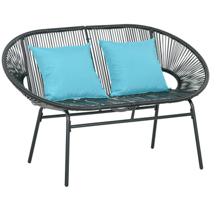 Bancă de grădină cu 2 locuri din metal și frânghie din rășină cu 2 perne - dim. 132L x 72l x 83h cm - negru