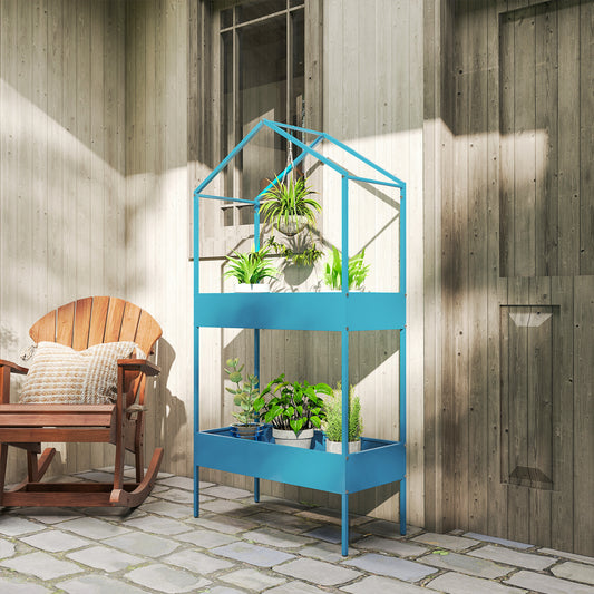 Suport pentru Ghivece pe 2 Niveluri din Metal în Formă de Căsuță, Etajeră pentru Plante cu Agățătoare, pentru Interior și Exterior, 75x35x150 cm, Albastru-Verde