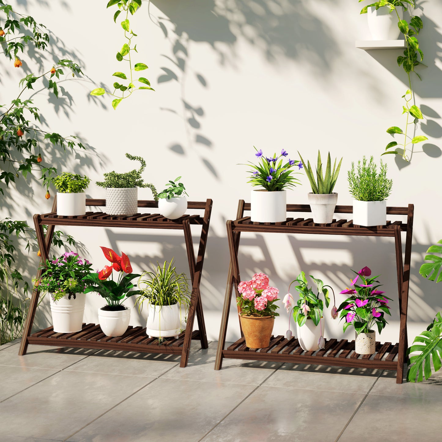 Set de 2 Suporturi pentru Plante cu 2 Niveluri, 73x36x64 cm, Maro