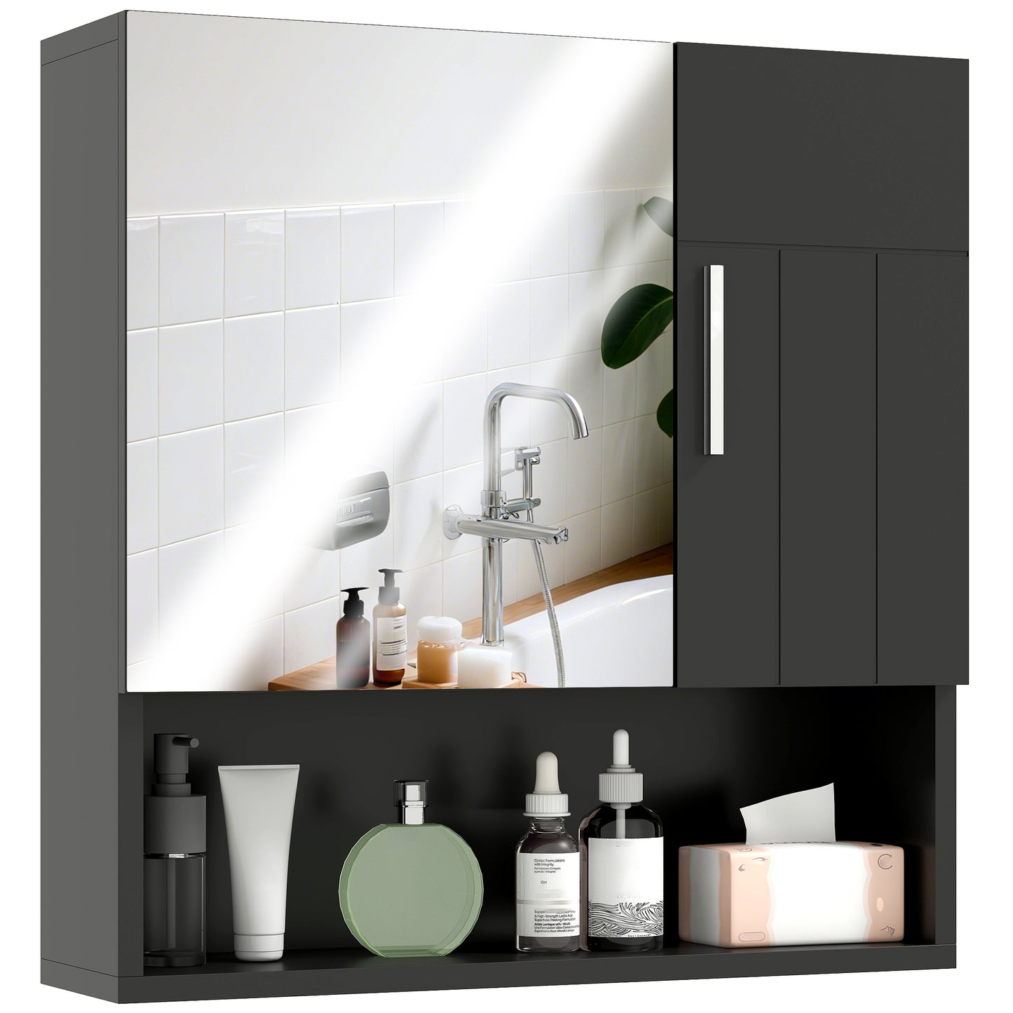 Dulap cu Oglindă pentru Baie 2 Uși și Raft Deschis 54x15.2x55.3 cm Negru