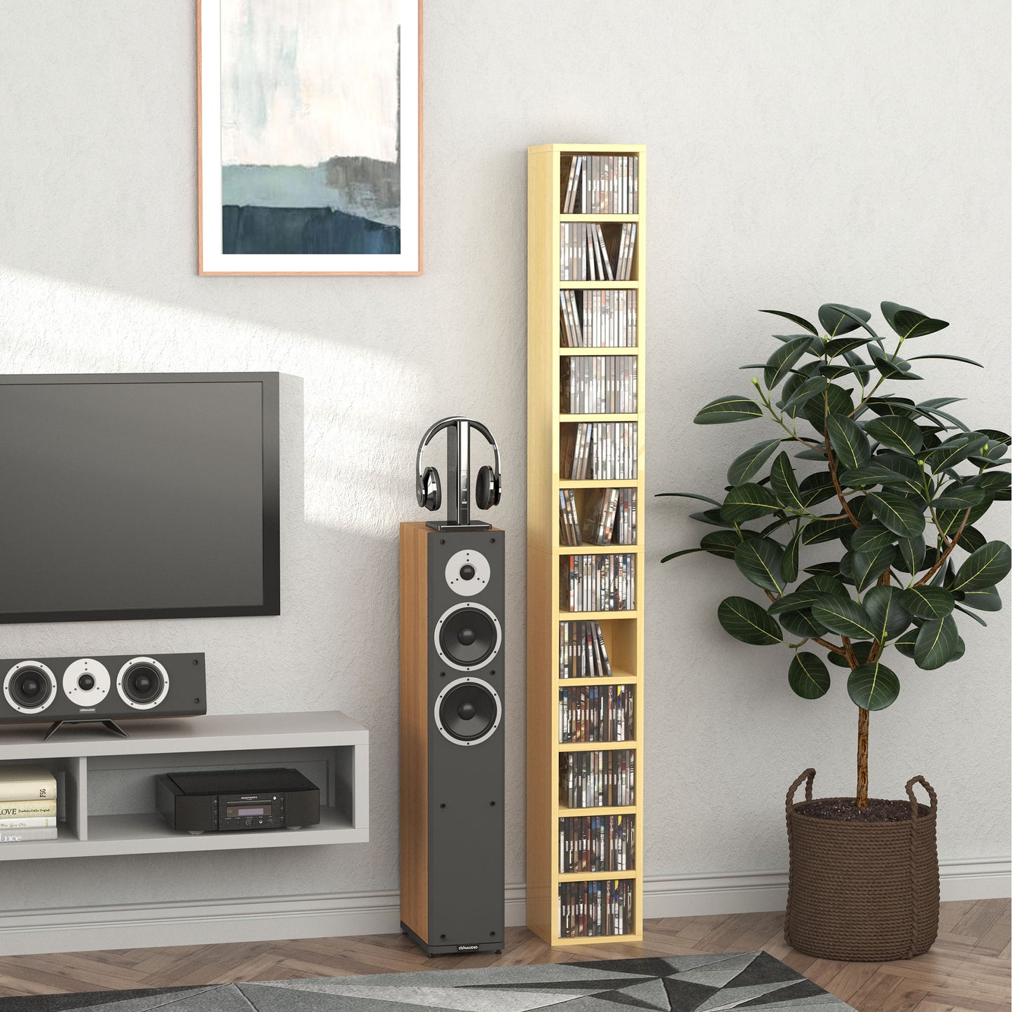 Bibliotecă Mobilă pentru CD-uri cu 12 Rafturi pentru 204 CD-uri, din MDF și PAL, 21x20x175 cm, culoare Lemn