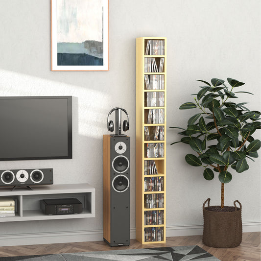 Bibliotecă Mobilă pentru CD-uri cu 12 Rafturi pentru 204 CD-uri, din MDF și PAL, 21x20x175 cm, culoare Lemn