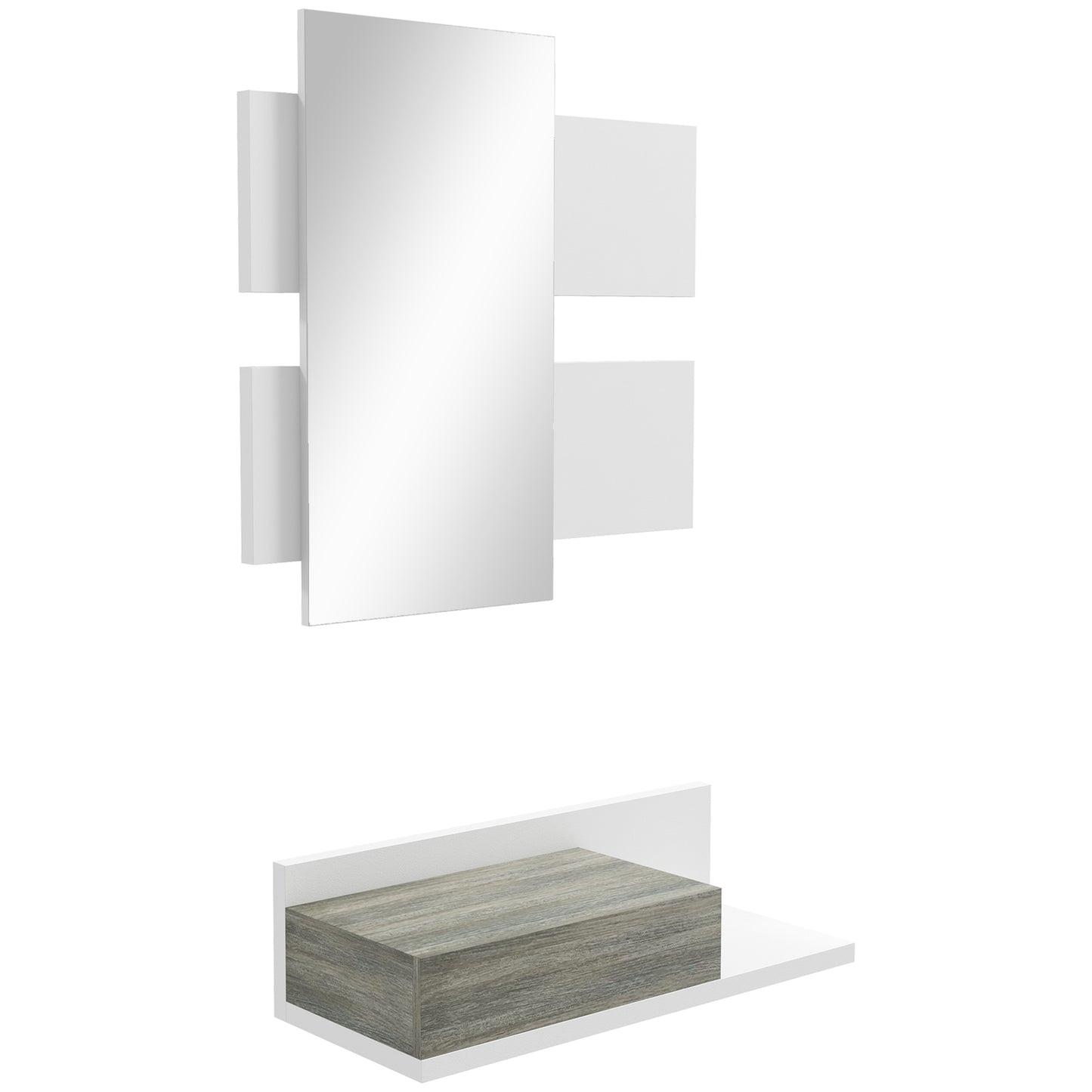 Dulap de Hol 2 în 1 cu Oglindă de Perete 75x3,5x75 cm și Sertar 75x30,5x20 cm, Gri și Alb