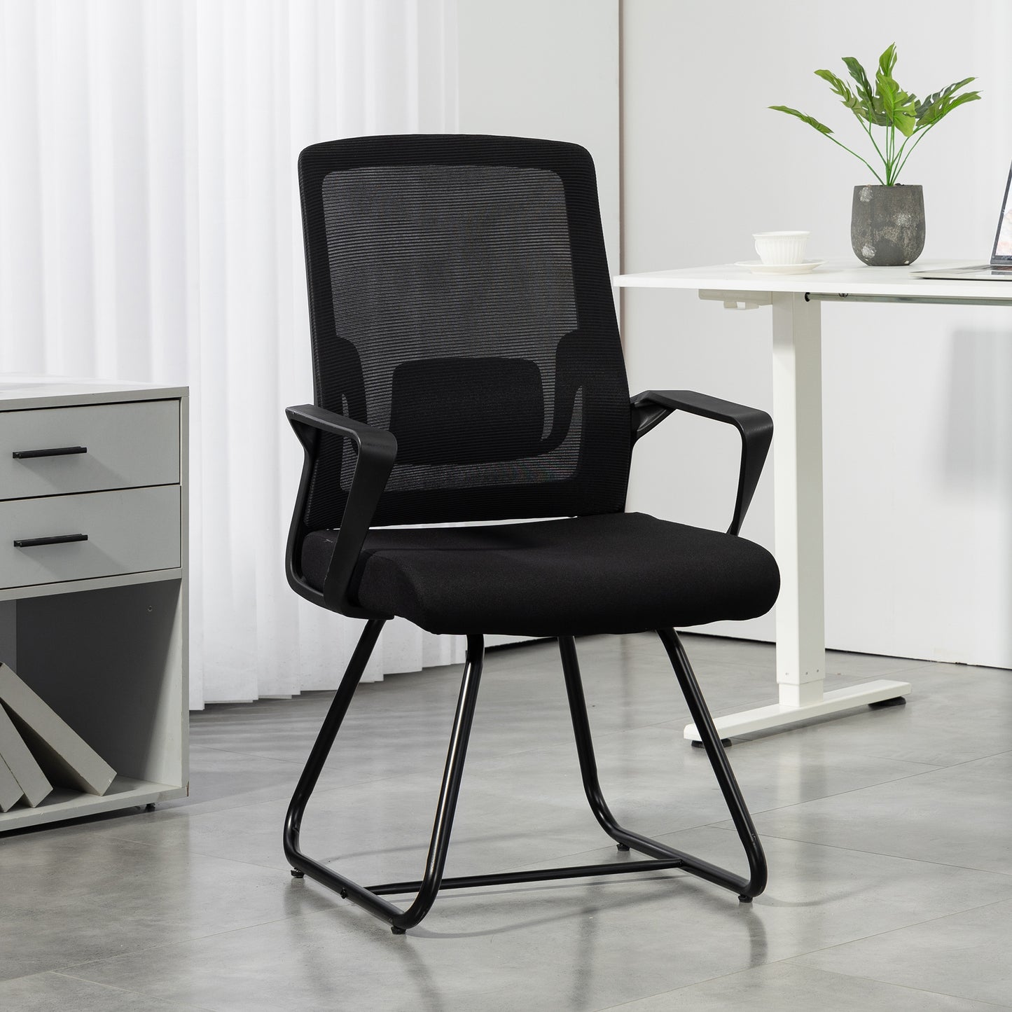 Scaun de birou ergonomic fără roți, cu brațe, pentru sală de așteptare, negru