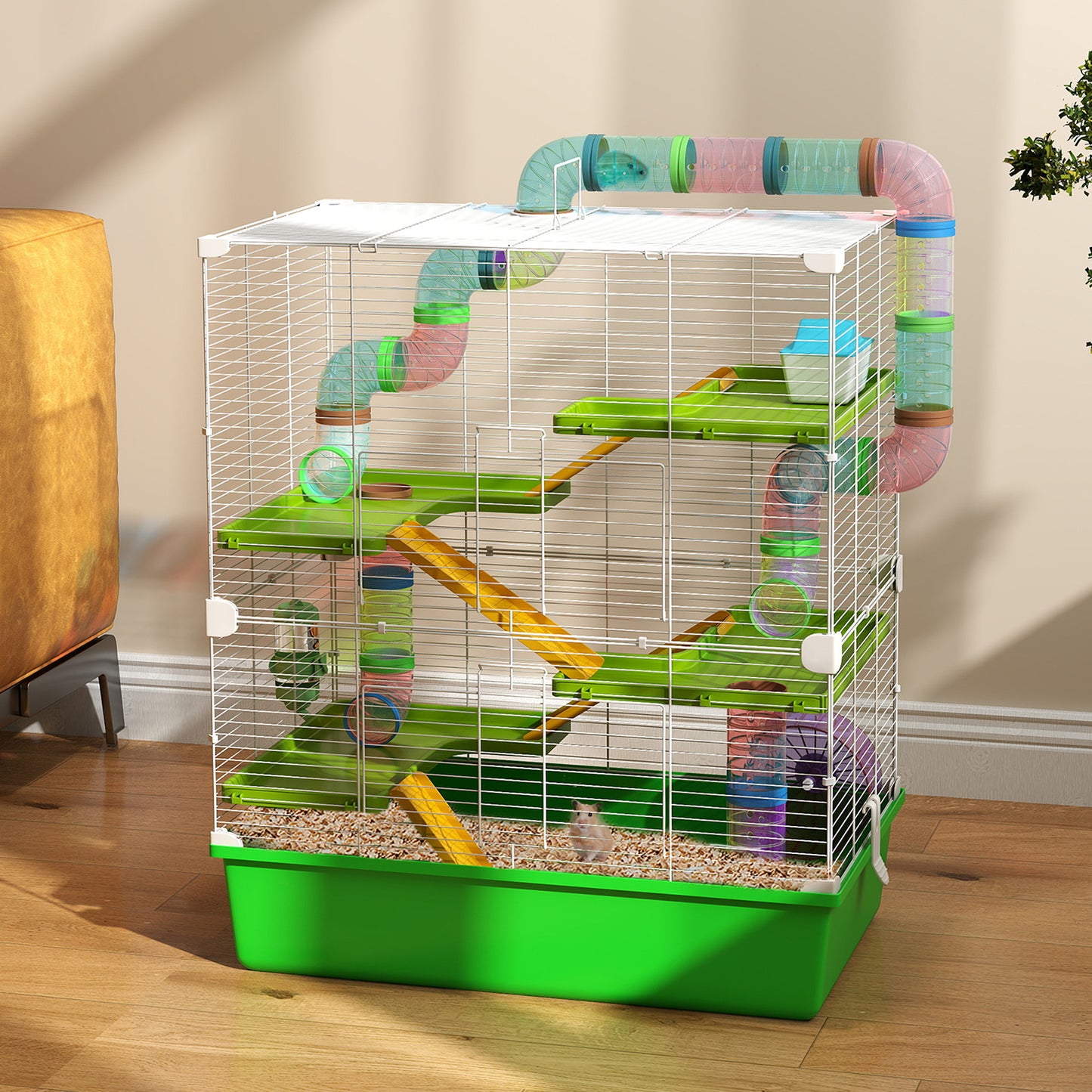 Cușcă pentru Hamsteri cu 5 Niveluri, cu Tuburi, Căsuță, Rezervor și Roată, din Oțel, PP și PS, 59x36x69 cm, Verde și Alb