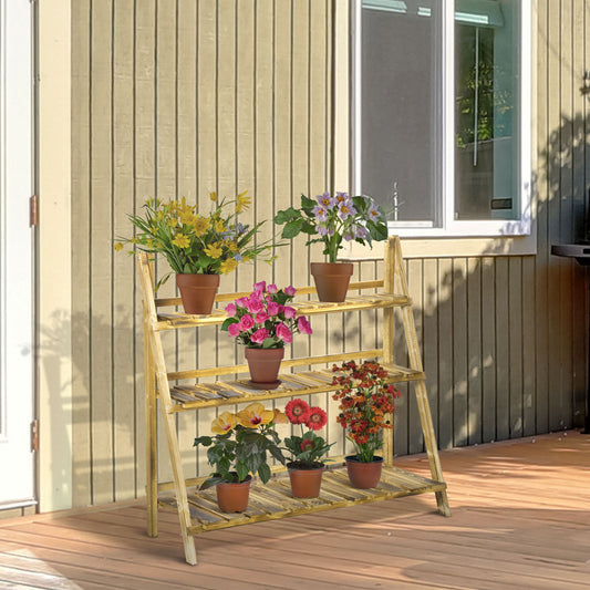 Suport Pliabil pentru Plante din Lemn de Brad cu 3 Nivele, 100x37x93 cm, Lemn Natural