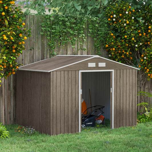 Sopron Metalic pentru Unelte, Magazie Gradina Spatioasa cu Usi Glisante si Acoperis in Doua Ape, 277 x 195 cm, Maro