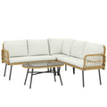 Set Mobilier Grădină din Ratan, 4 Piese în Formă de L, cu 2 Canapele, Colțar, Măsuță de Cafea și Perne, Cadru din Oțel, pentru Balcon sau Terasă, Natural/Crem