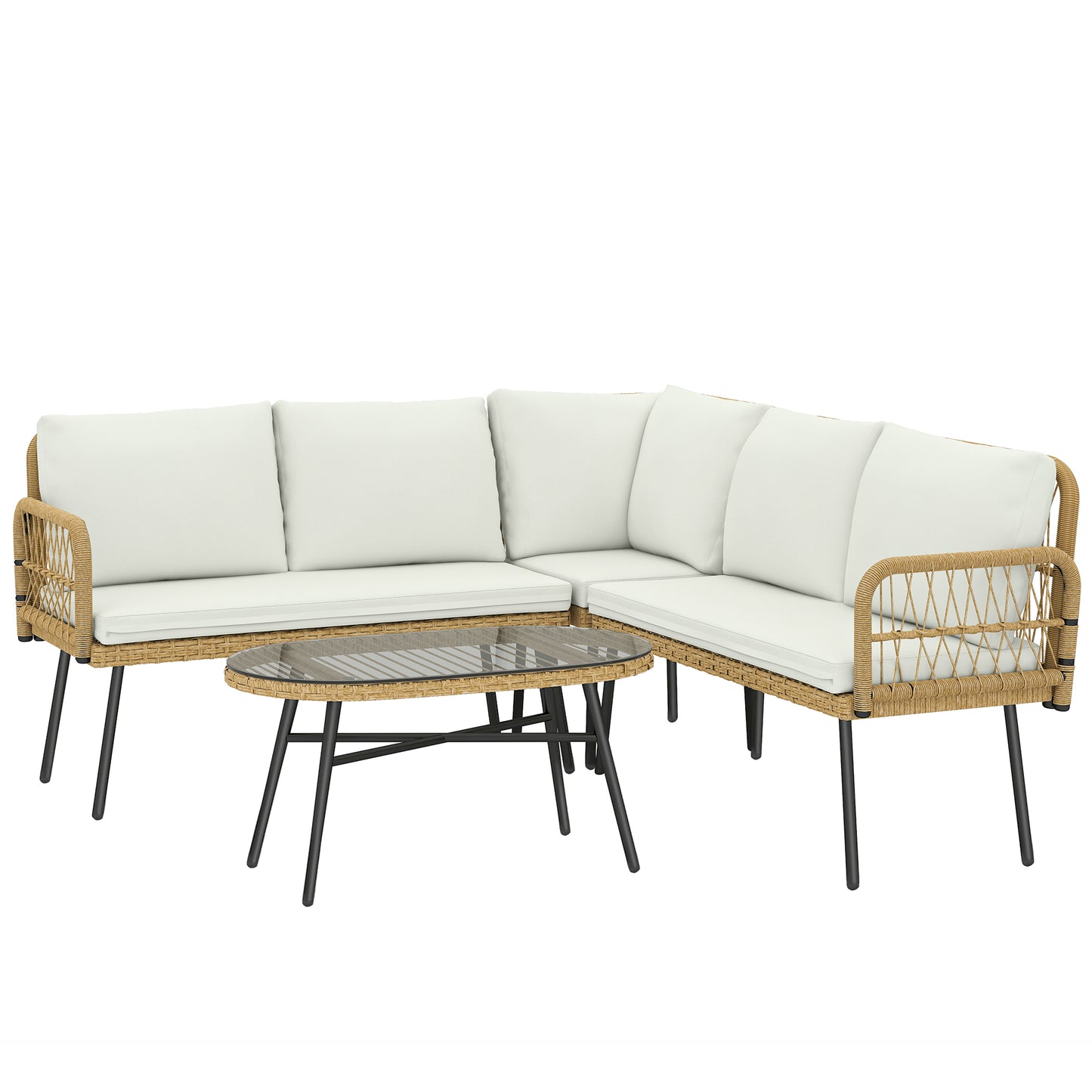 Set Mobilier Grădină din Ratan, 4 Piese în Formă de L, cu 2 Canapele, Colțar, Măsuță de Cafea și Perne, Cadru din Oțel, pentru Balcon sau Terasă, Natural/Crem