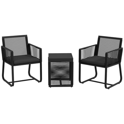 Set de Mobilier de Grădină din 3 Piese din Ratan, Set cu Masă din Sticlă Securizată și Perne Moi, 53x57x77 cm, Negru