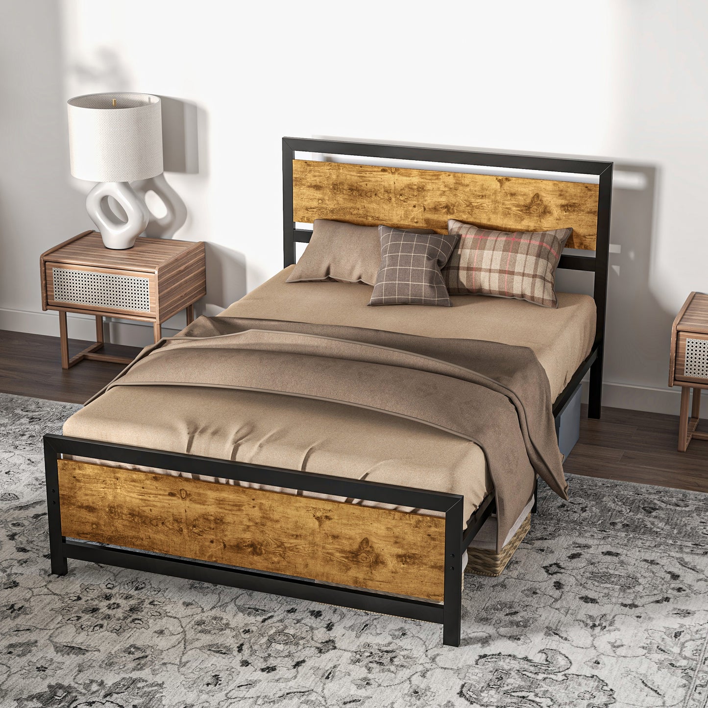 Cadru Pat de o persoana din Lemn si Otel cu Sipci in Stil Industrial, 140x200cm, Negru / Maro Rustic