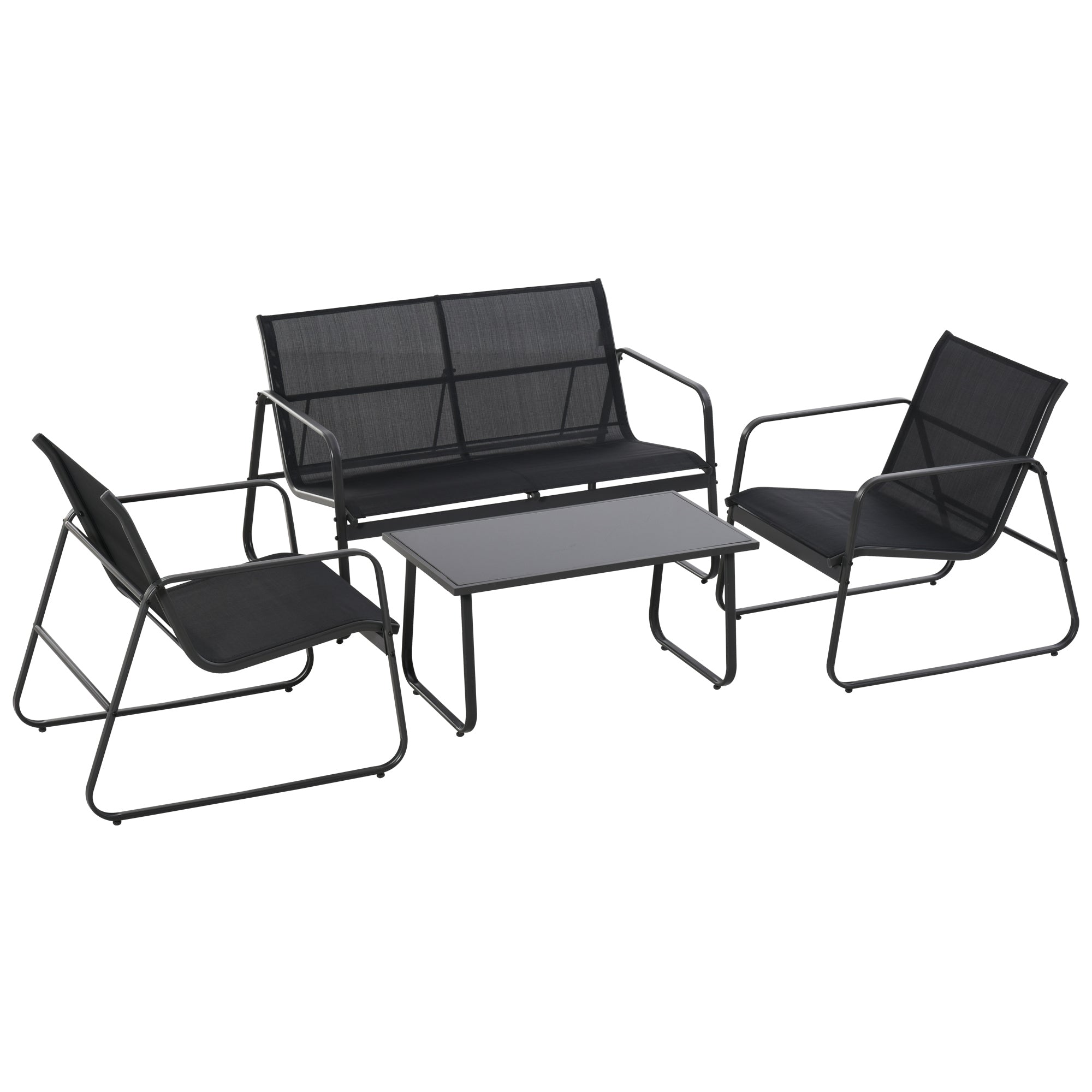 Set Masă Bancă si 2 Scaune de Gradina din Metal si Textilen Neagra