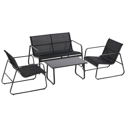 Set Masă Bancă si 2 Scaune de Gradina din Metal si Textilen Neagra