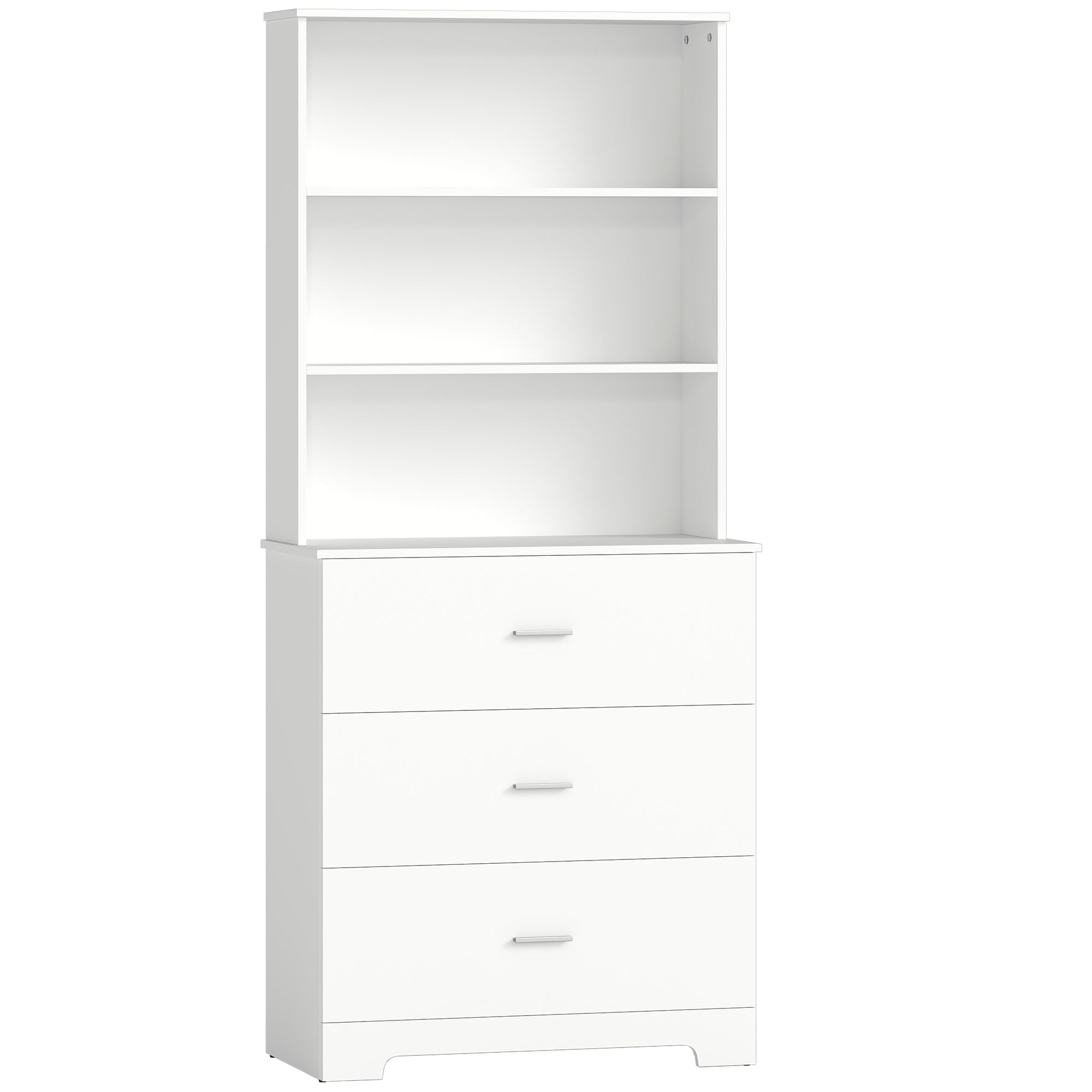 , Bibliotecă de perete, cu 3 rafturi deschise și 3 sertare, din lemn, 79x39,5x182,2 cm, alb