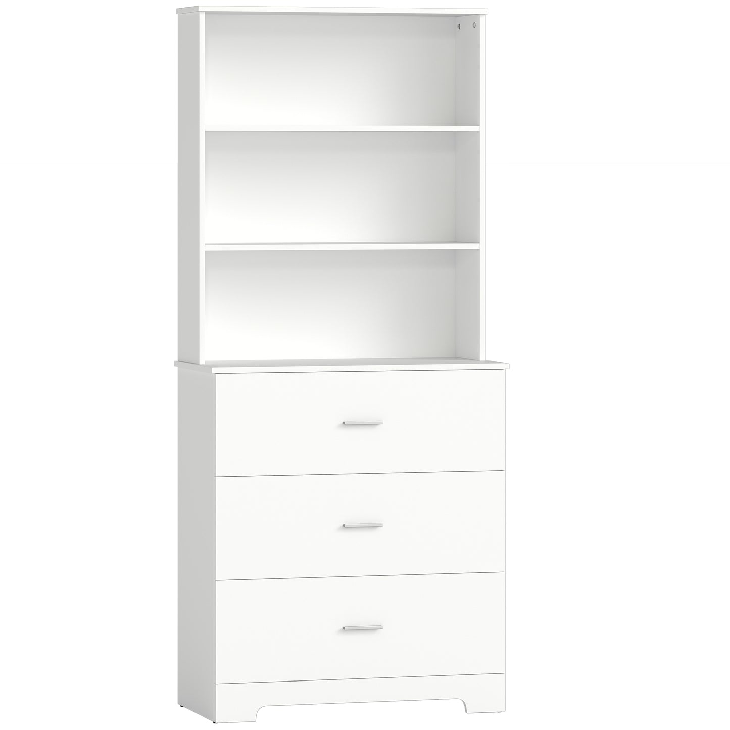 , Bibliotecă de perete, cu 3 rafturi deschise și 3 sertare, din lemn, 79x39,5x182,2 cm, alb