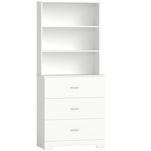 , Bibliotecă de perete, cu 3 rafturi deschise și 3 sertare, din lemn, 79x39,5x182,2 cm, alb